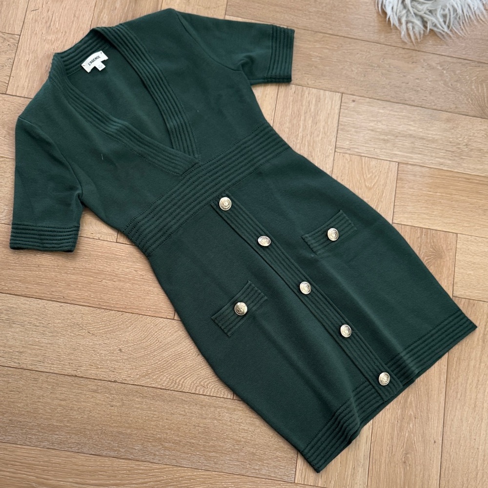 L'AGENCE Forest Green Knit Button-Front Mini Dress